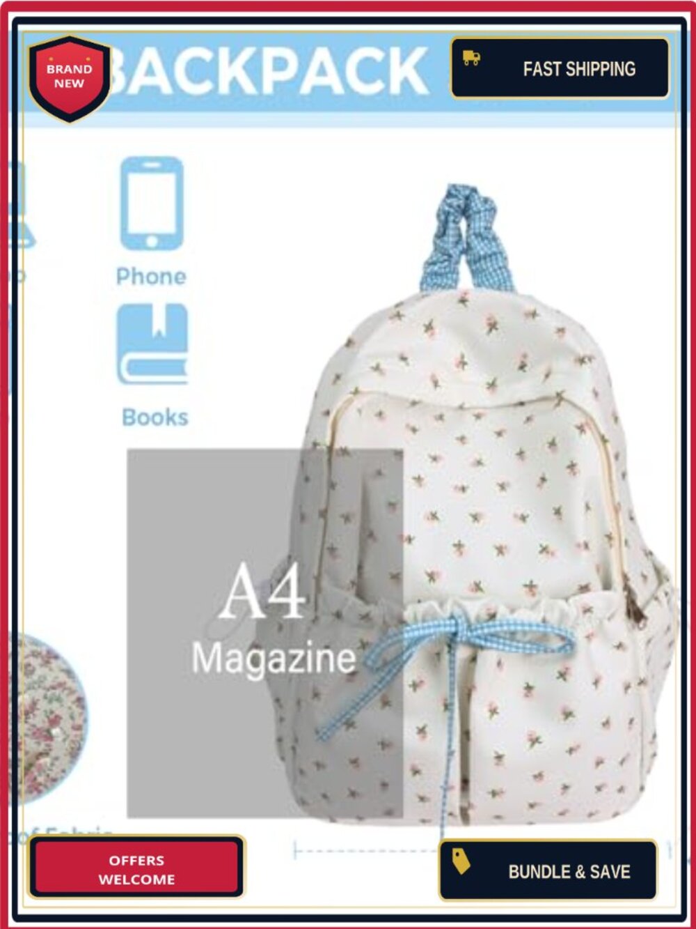 Cute Aesthetic Floral Backpack for Women Kawaii Preppy College Book Bag Laptop - Picture 4 of 6